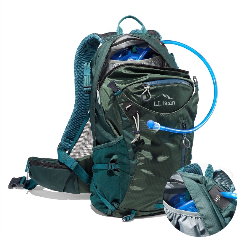 A large pack with built-in hydration sleeve with a detail view of the hydration tube opening.