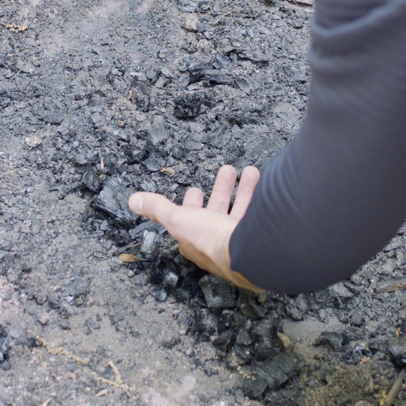 Nate carefully holding his hand to the coals to check that they are cool to the touch.