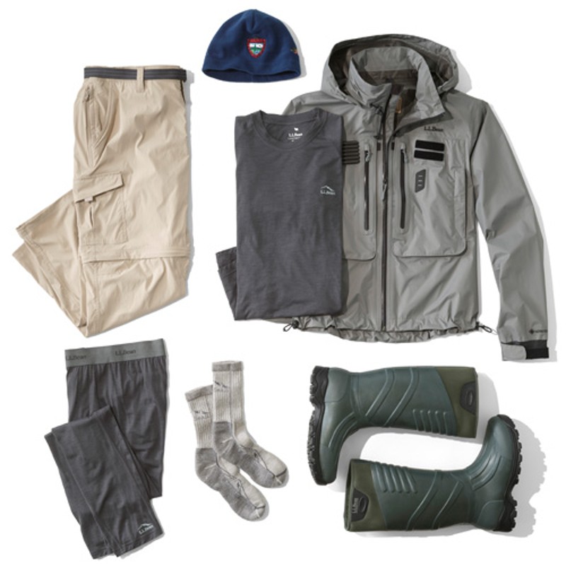 A laydown of clothing needed for fishing in cold weather.