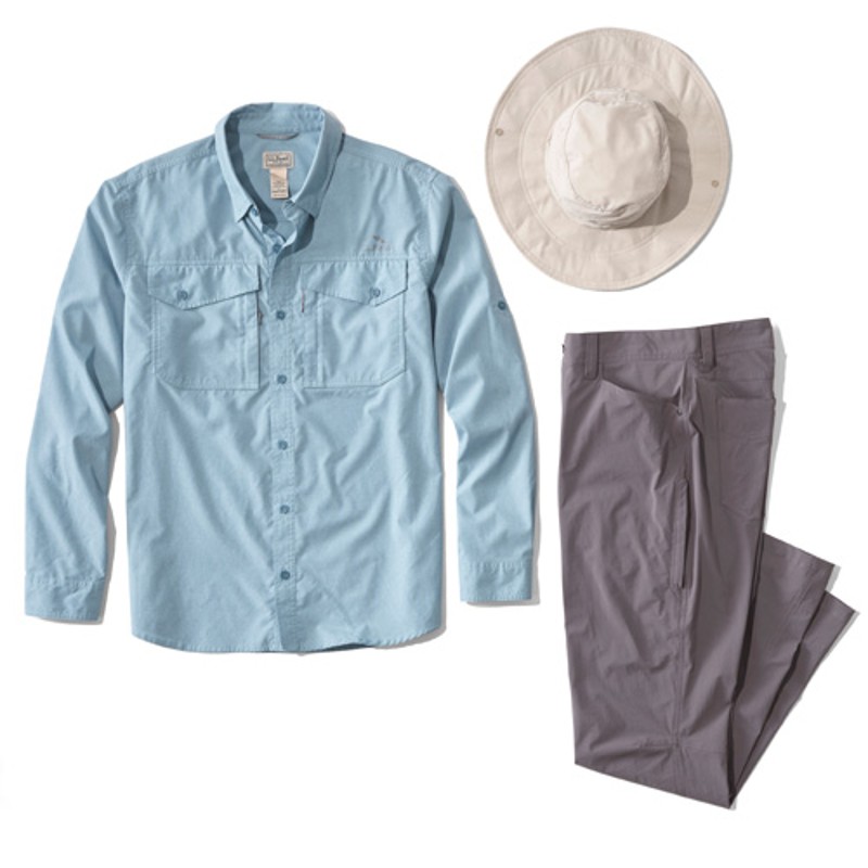 A laydown of clothing needed to combat biting bugs when fishing.