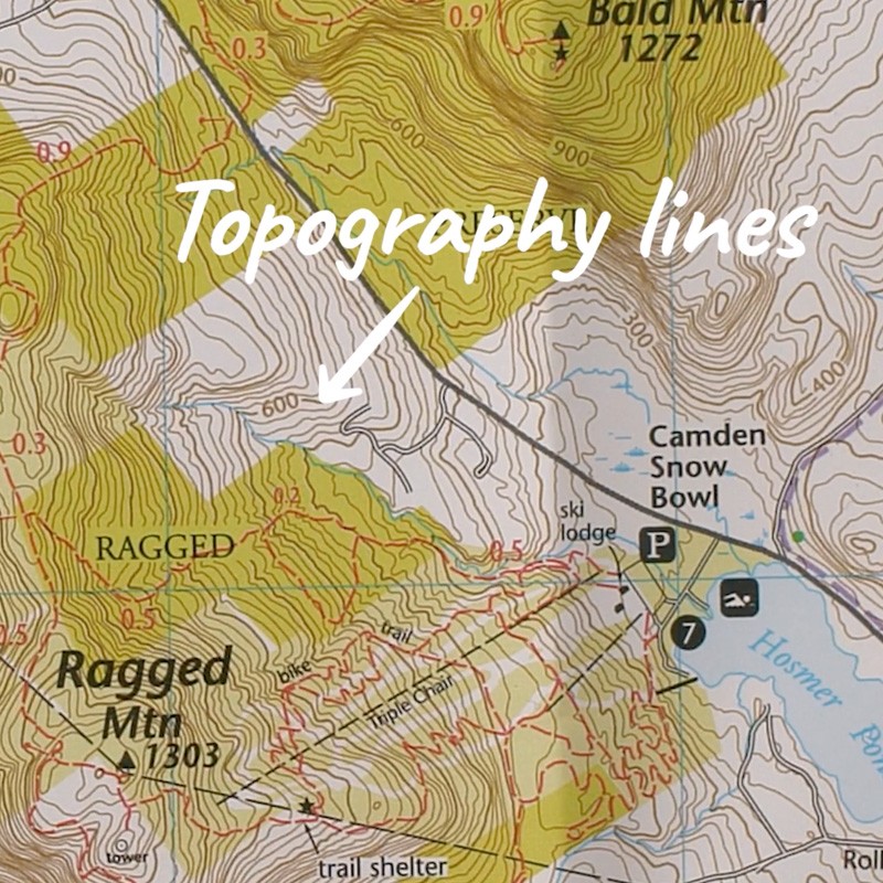A close-up of a map with text "topography lines" and an arrow pointing to topography lines.