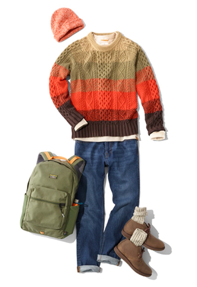 A laydown of an outfit featuring jeans and boots, propped with a Ragg Wool Hat and a backpack.