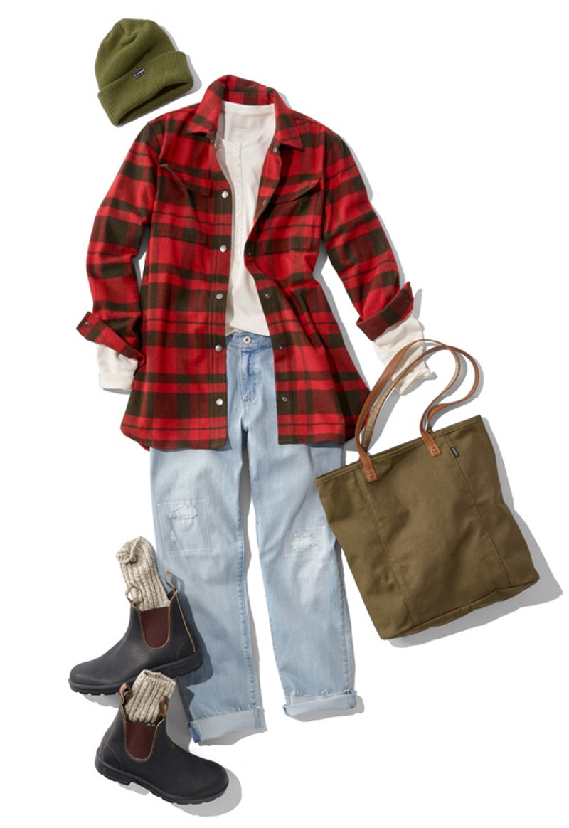 A laydown of an outfit featuring jeans and boots, propped with a Ragg Wool Hat and a tote bag.