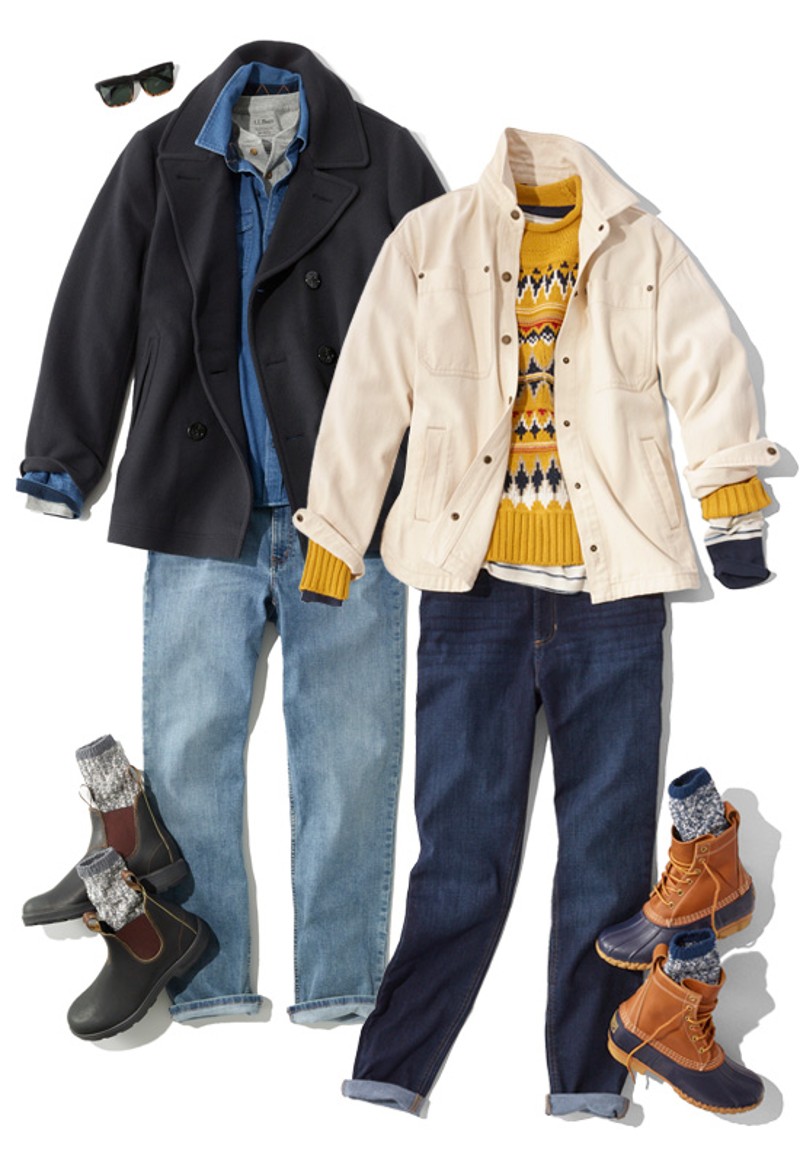 A laydown of two outfits, one men's and one women's featuring boots and jeans.