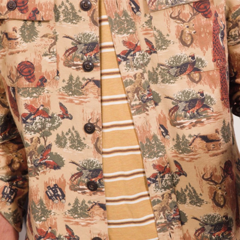 A close-up of a striped t-shirt under a print flannel shirt.