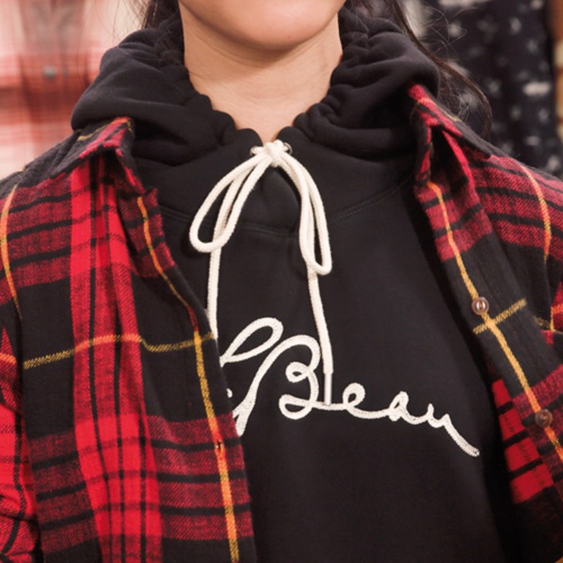 A close-up of a hooded sweatshirt being worn under a flannel shirt.