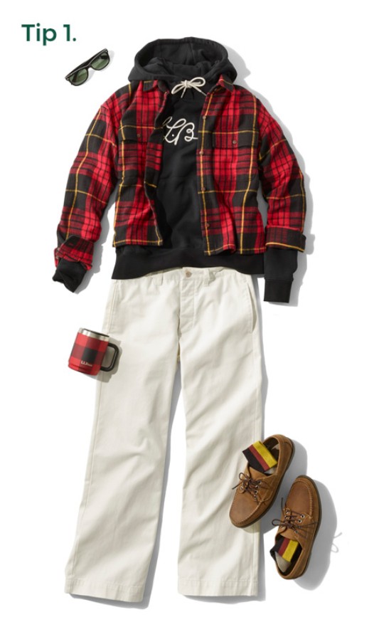 1. A laydown of an outfit propped with sunglasses and a plaid coffee mug.