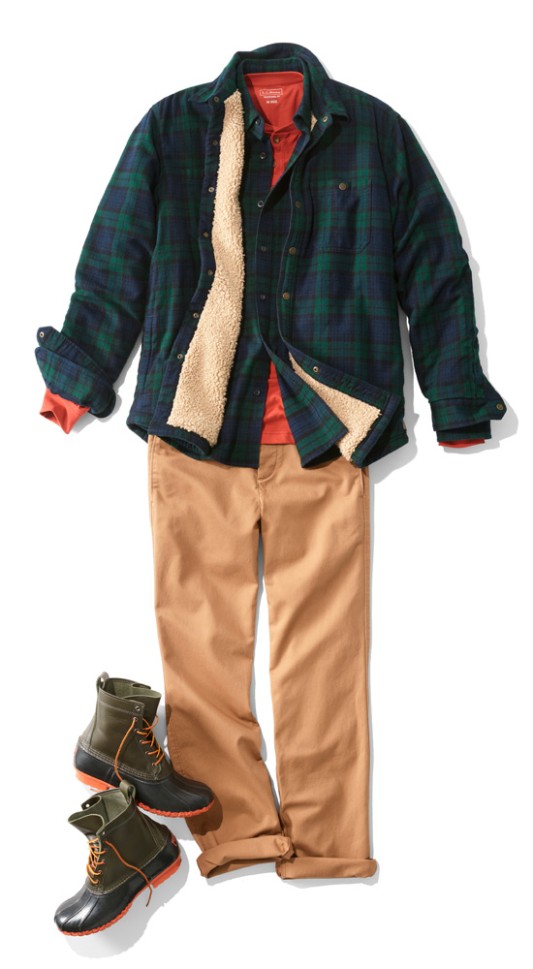 A laydown of an outfit featuring a sherpa-lined flannel shirt.