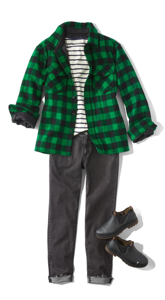 A laydown of an outfit featuring a green and black checked Maine Guide Shirt.