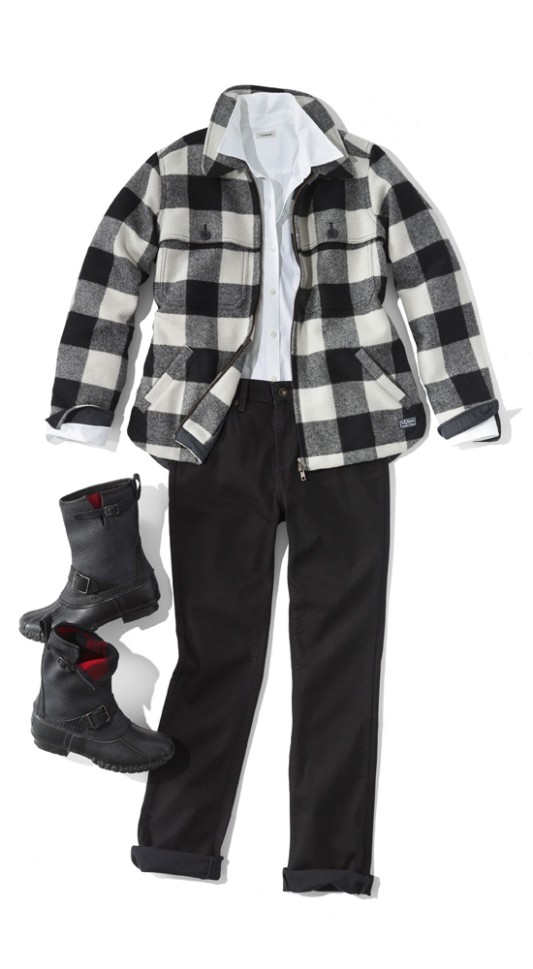 A laydown of an outfit featuring a black and white checked Maine Guide Zip Front Jac-Shirt with Primaloft.