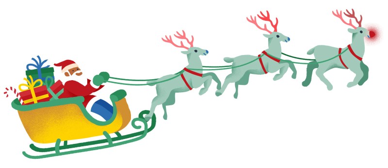 An illustration of Santa in his sleigh being pulled by reindeer.
