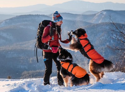 A woman wearing a backpack and 2 dogs wearing orange jackets atop a wintery mountain.