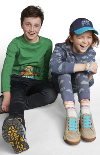 Two children sitting on the floor wearing LL Bean clothing