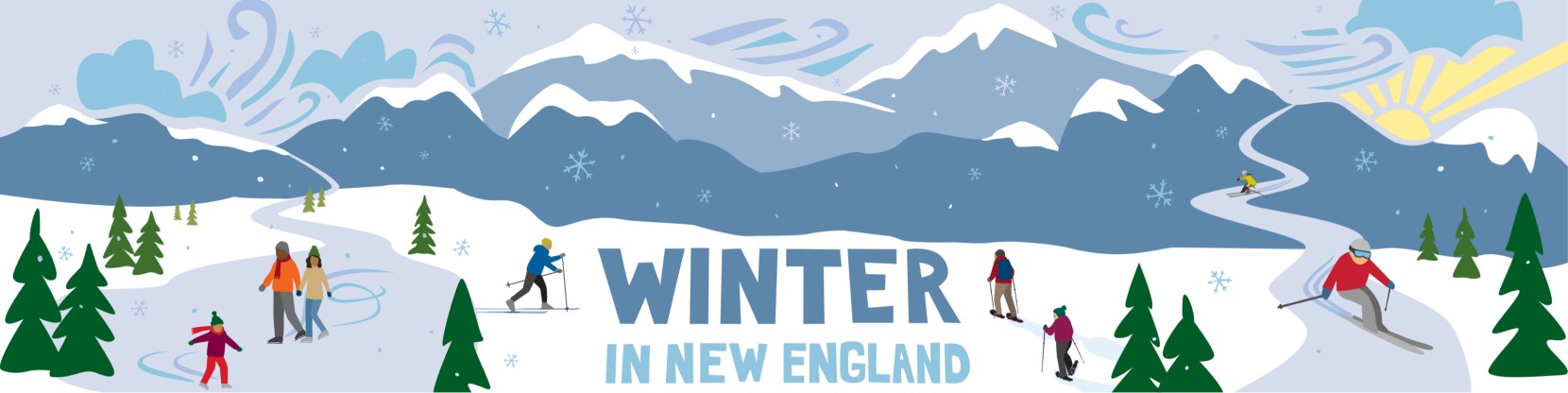 A whimsical illustration of a winter scene, text "Winter in New England."