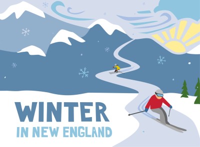 A whimsical holiday illustration showing a skier and text reading "Winter in New England".