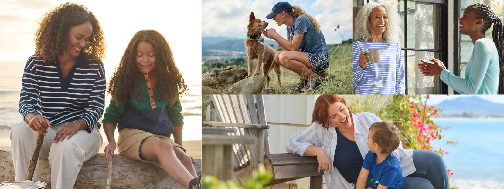 Collage of smiling moms and kids plus a dog in various outdoor settings.
