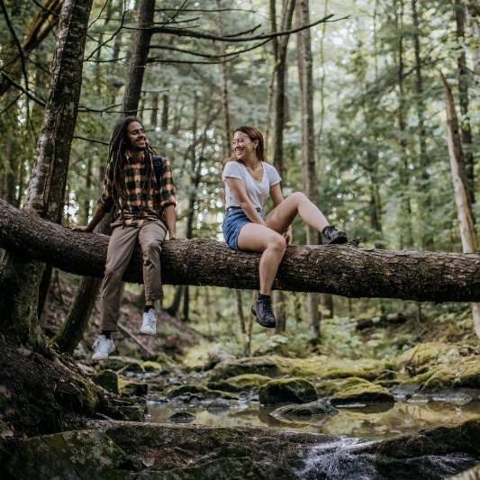 A man and woman sitting on a fallen tree in the woods.