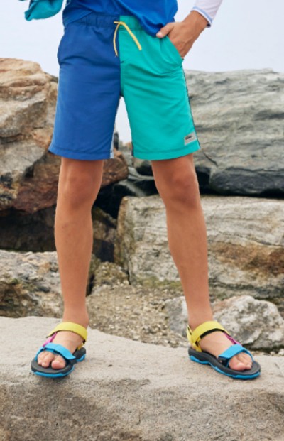 Image depicting a young child wearing water sandals on the rocks at the beach.