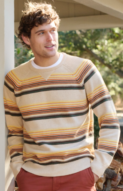 Man wearing an LL Bean sweater leaning against a house.