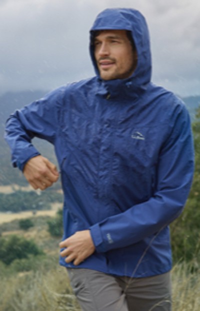Man wearing rain jacket outdoors in the rain