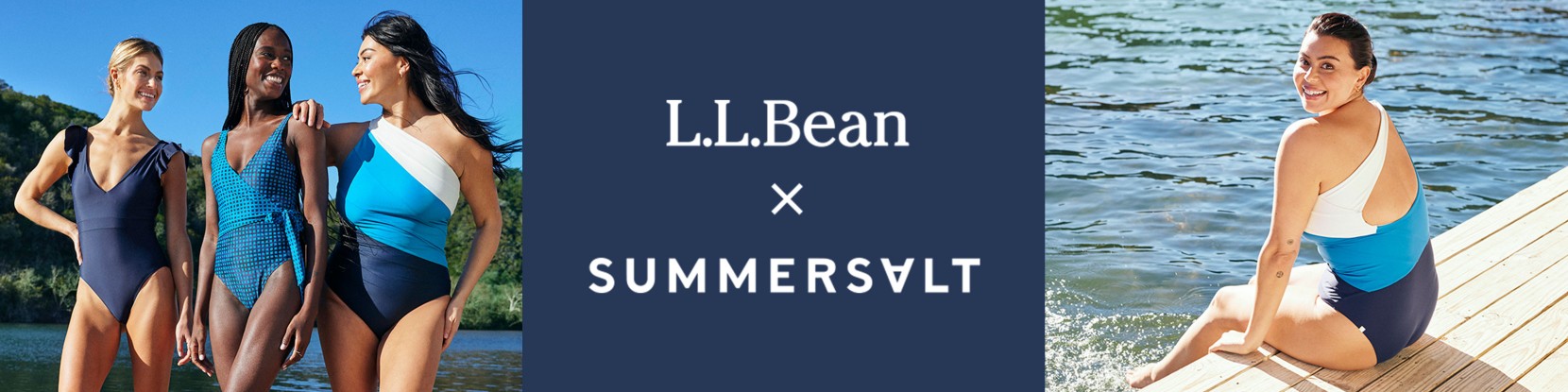Images depicting women wearing swim suits at the lake and the LL Bean x Summersalt logo.