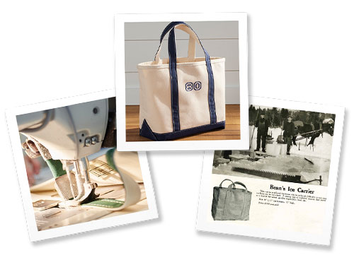 boat and tote images, stitched on machine, vintage photo of woman stitching, original boat and tote catalog presentation, 80th anniversary Boat and tote