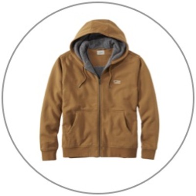 A full-zip hooded sweatshirt.