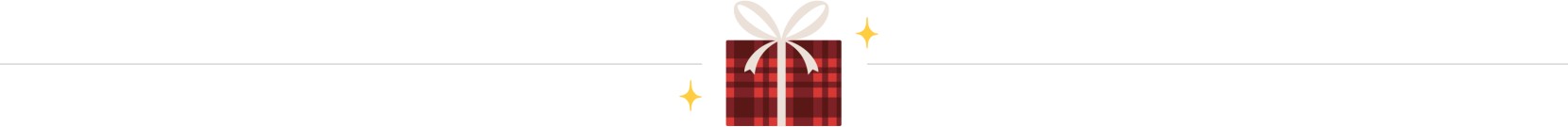 An illustration of a red plaid wrapped package tied with a light pink ribbon.