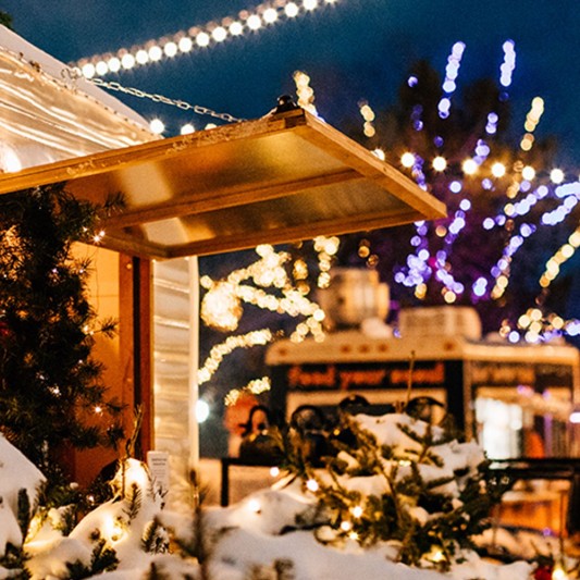 L.L.Bean Flagship campus strung with holiday lights.