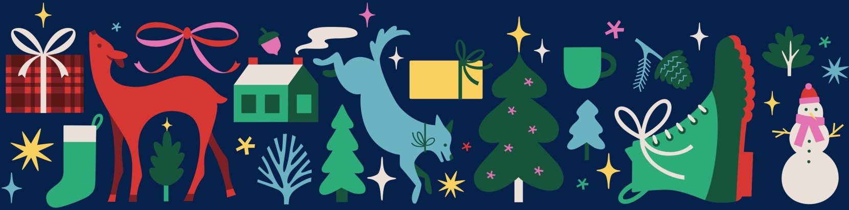 Multi-colored illustrations of holiday motifs on a dark navy background.