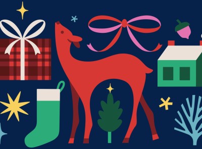 A whimsical holiday illustration with a wrapped present, stocking, pine tree and a deer.