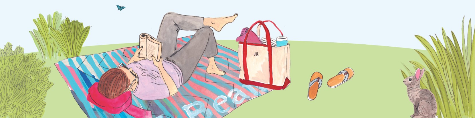 Illustration of a woman outside lying on a blanket reading, a full Boat & Tote beside her and a rabbit in the grass nearby.