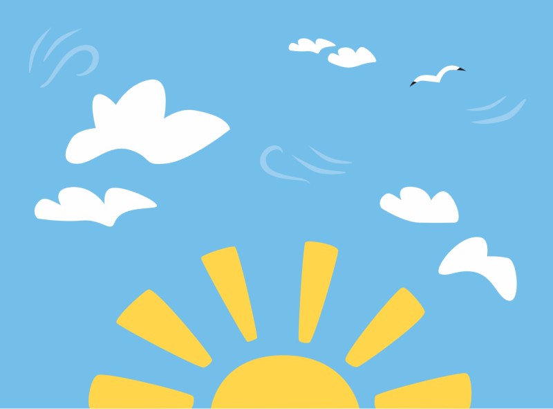 Illustration of blue sky, a few clouds and the sun.