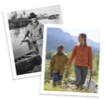 Two photos: one of a person fishing, the other of two people walking outdoors.