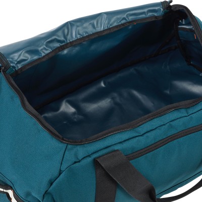 A close up image showing a fully open, empty L L Bean duffle.