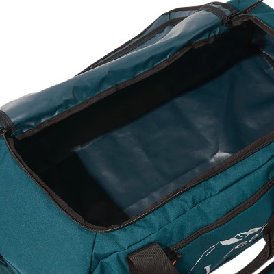 A close up image showing a green, fully open, empty L L Bean duffle.