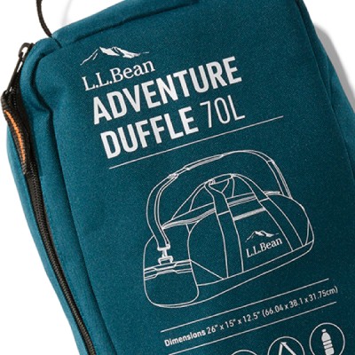 A teal duffle bag with a white L L Bean logo, the name Adventure Duffle and dimension.