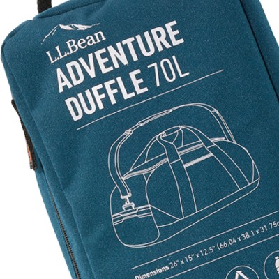 A teal duffle bag with a white L L Bean logo, the name Adventure Duffle and dimensions.