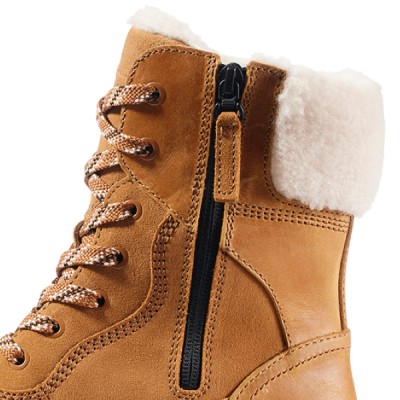 Details showing the lace-up design and side zipper.