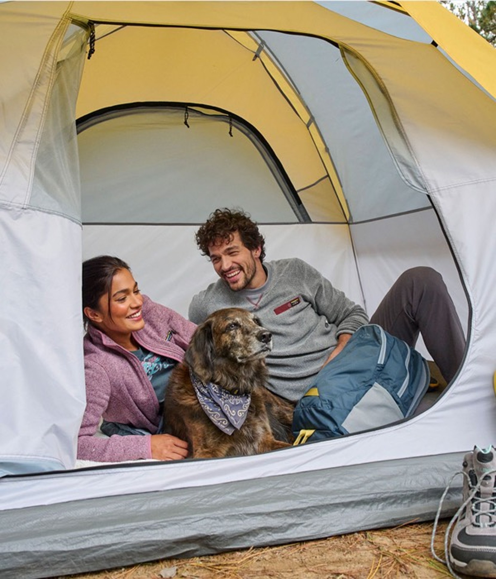 A couple with their dog in a tent camping