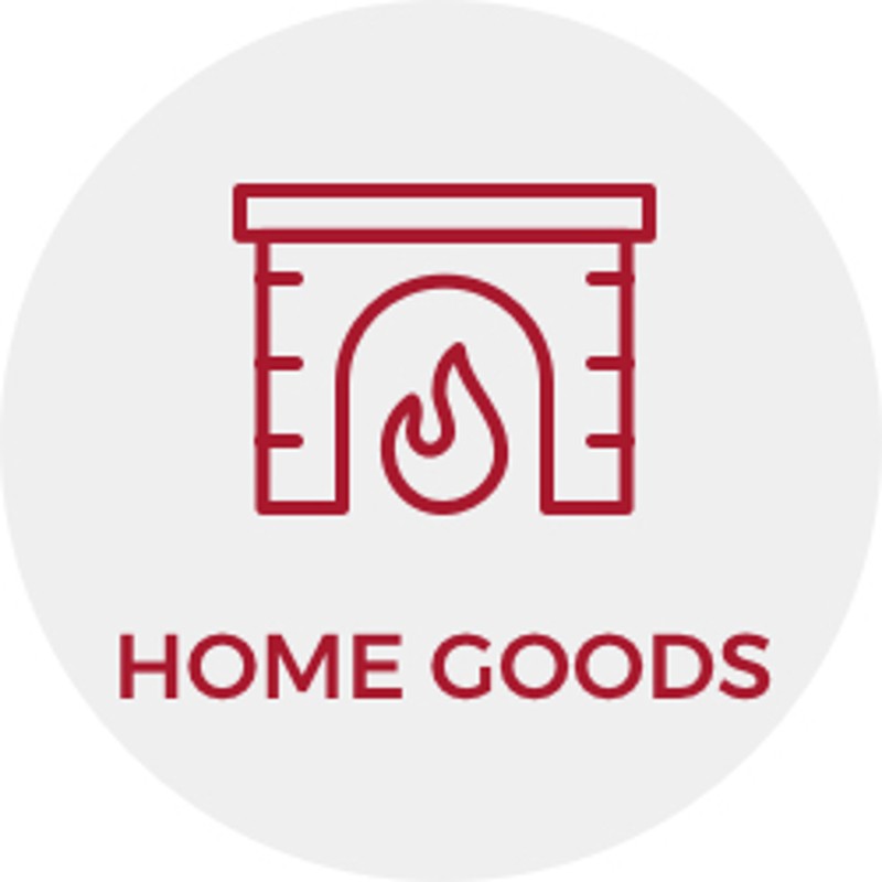 Red line illustration of a fireplace and the words "Home Goods."