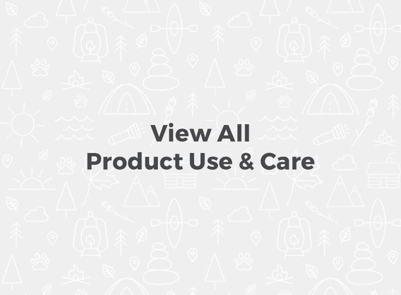 Text "View All Product Use & Care" with gray background and white outdoor icons.