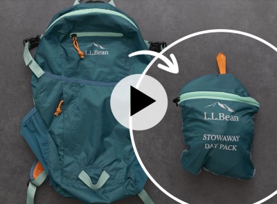 A teal stowaway pack shown in two different ways: laid out flat and stowed away in it's own pouch.