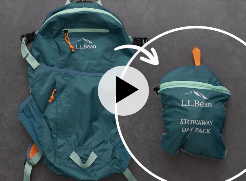 A teal stowaway pack shown in two different ways: laid out flat and stowed away in it's own pouch.