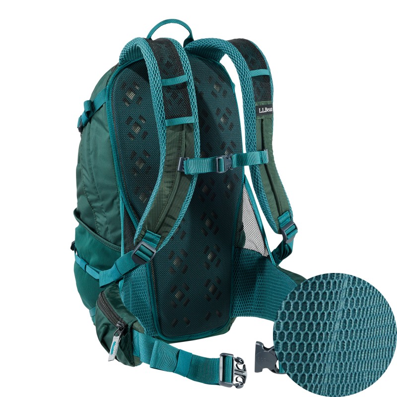 A large pack shown from the back with a detail view of the ventilated material.