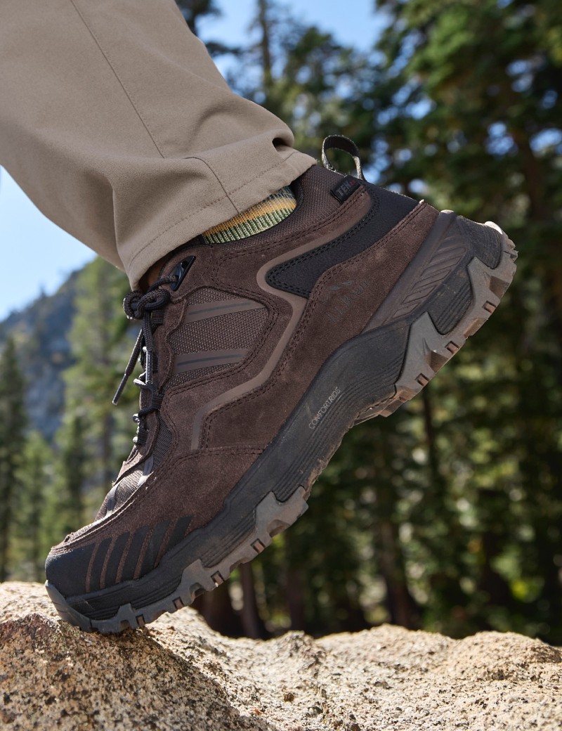 A close-up of a brown L L Bean hiking boot stepping on a rock, with a forest and mountain in the background. 