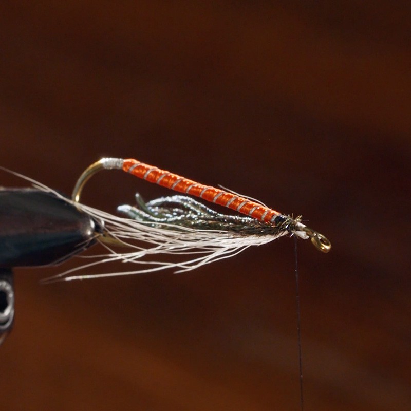 Detail of a hand-tied fishing fly with an orange and white segmented body, black and white feather wings, and a gold hook.