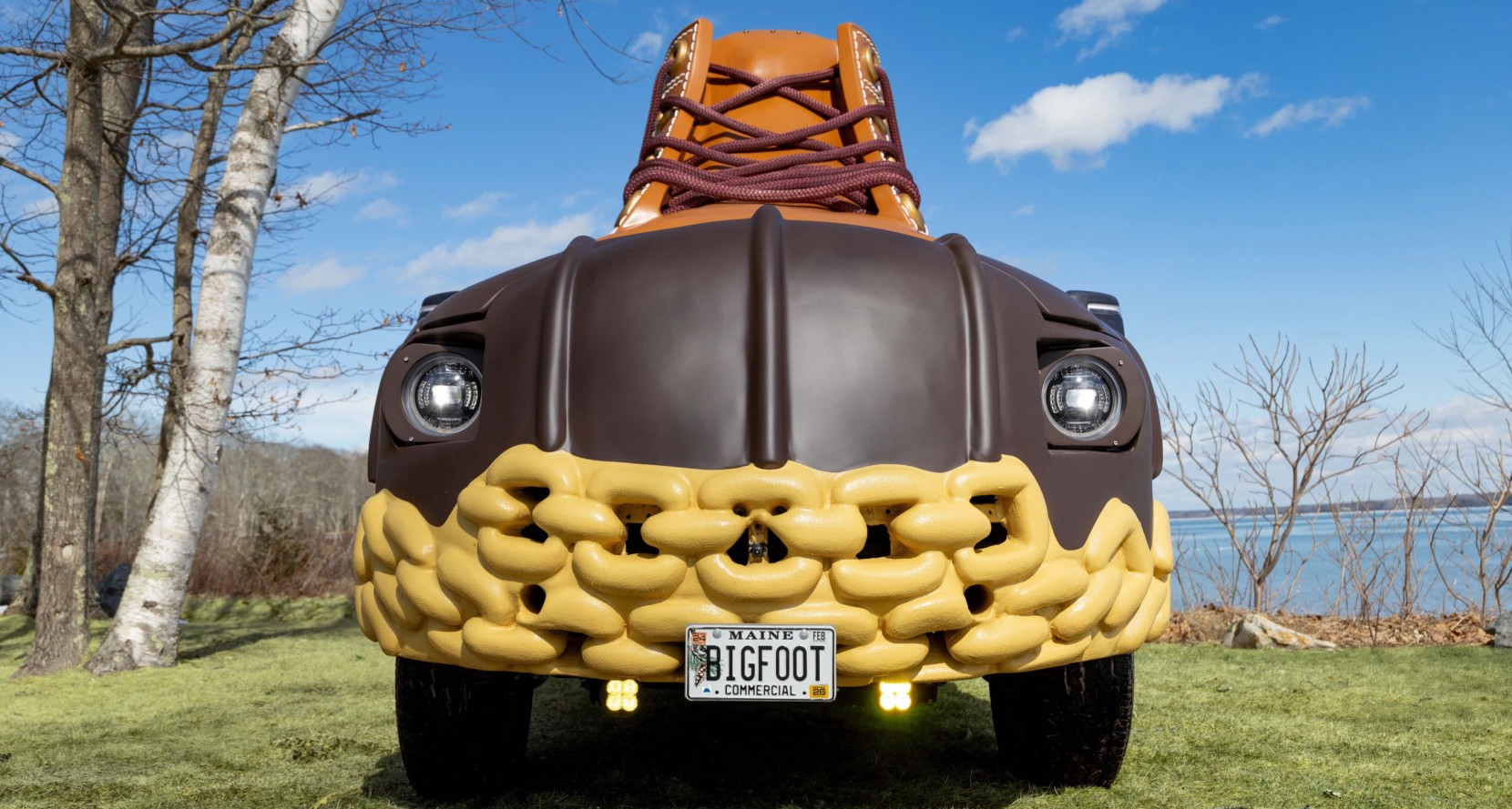 A truck designed to look like a L L Bean Boot, featuring a Maine license plate that reads BIGFOOT.