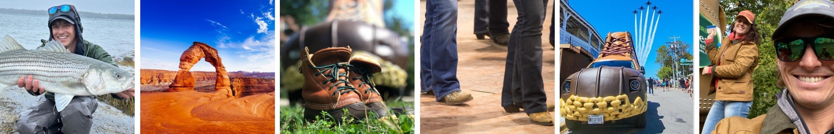 Filmstrip of images - Tucker with a fish, Moab Utah, Bean Boot key chain, line dancing, Bootmobile in Sarasota