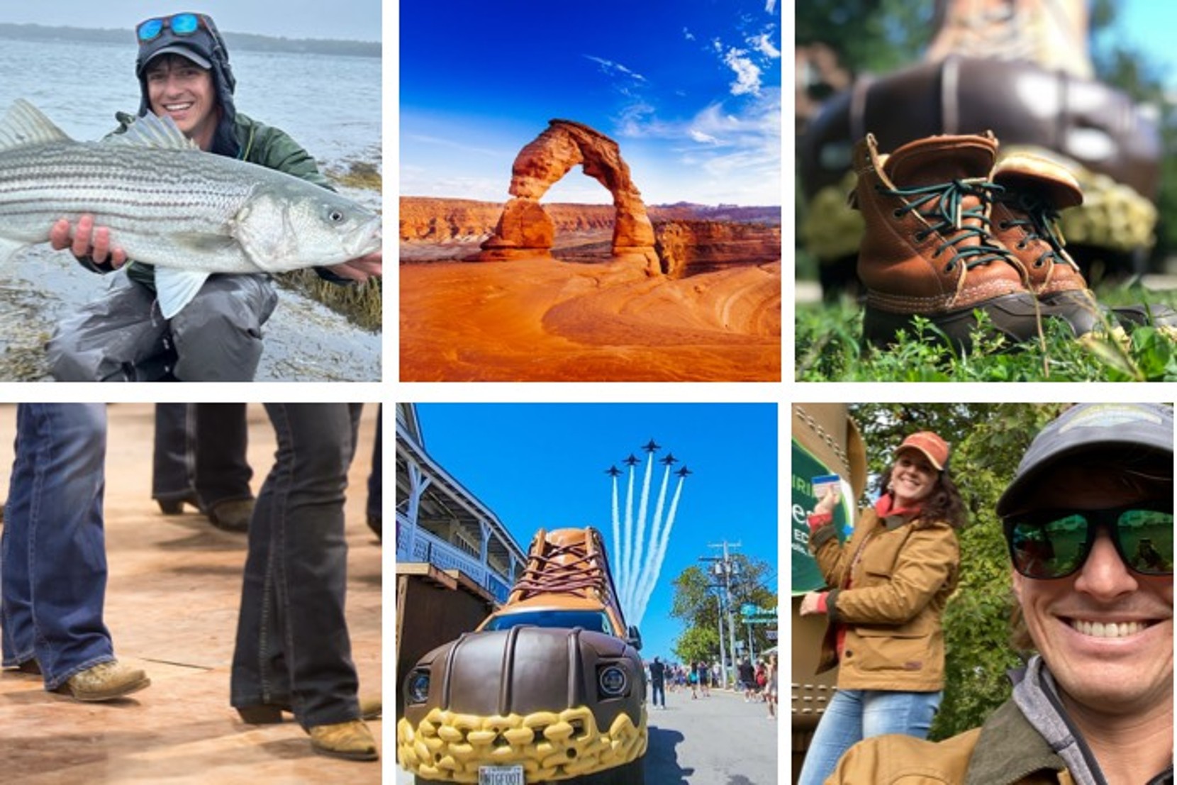Filmstrip of images - Tucker with a fish, Moab Utah, Bean Boot key chain, line dancing, Bootmobile in Sarasota